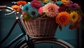 Close up view of a bicycle with a basket filled with flowers