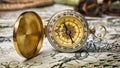 Close-up view of a vintage compass on an old retro map Royalty Free Stock Photo