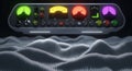 Close-up view of a vintage control panel with colorful gauges, knobs, and buttons on a dark background with abstract wave pattern Royalty Free Stock Photo