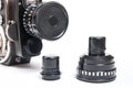 Close up view of vintage movie camera with lens isolated on whit Royalty Free Stock Photo