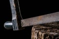 close up view of vintage saw on wooden stump
