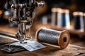 Close-up view of a vintage sewing machine with thread and fabric in a cozy workshop setting Royalty Free Stock Photo
