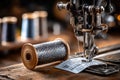 Close-up view of a vintage sewing machine with thread and fabric in a cozy workshop setting Royalty Free Stock Photo