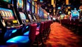 Close up view of a vintage slot machine with colorful spinning drums and ringing bells Royalty Free Stock Photo