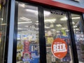 Seattle, WA USA - circa August 2023: Close up view of a walk in beer fridge inside a Shell station convenience store