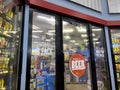 Seattle, WA USA - circa August 2023: Close up view of a walk in beer fridge inside a Shell station convenience store