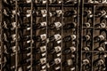 Close up view of wall made of wine bottles