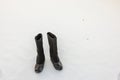 Close up view of warm felt boots with rubber galoshes standing in snow on a frosty winter day. Royalty Free Stock Photo