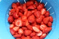 Close-up view of washed strawberries in a blue pot