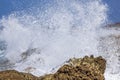 Close-up view of wave splashes crashing against rocks in the Caribbean Sea. Royalty Free Stock Photo