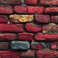 Close up view of a weathered red brick wall with yellow and blue bricks and dark mortar Royalty Free Stock Photo