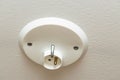 Close up view of white ceiling power socket. Elictricity concept. Power supply elements Royalty Free Stock Photo
