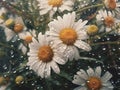 Close-up view of white daisy flowers in fresh spring rain, scattered raindrops, and morning light. Generative AI