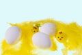 Close up view of white eggs and yellow feathers and chick figures isolated on blue  background. Royalty Free Stock Photo