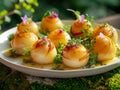 A plate of delicious baked snails garnished with herbs and edible flowers. Generative AI Royalty Free Stock Photo