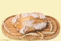 Close up  view of whole grain loaf white bread and wheat ears on a cutting board isolated on yellow background Royalty Free Stock Photo