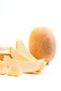 Close up view of whole, half and sliced honeydew melon tropical Royalty Free Stock Photo