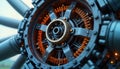 Close-up view of wind turbine intricate inner workings. Complex machinery highlighted with glowing copper coils. Advanced tech Royalty Free Stock Photo