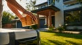 Close-up View Of A Woman As She Retrieves a Package From a Futuristic Delivery Robot. Future Of Delivery