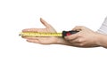 Close up view of woman hand holding Tape measure. Royalty Free Stock Photo