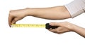 Close up view of woman hand holding Tape measure. Royalty Free Stock Photo