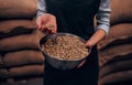 Close up view of woman hands with a bawl of raw coffee beans