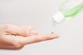 Close up view of woman`s finger with drop of personal antiseptic or sanitizer. Covid-19 protection measures