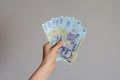 Close up view of a woman`s hand holding a pile of Romanian lei money on a gray background . The economic impact of coronavirus