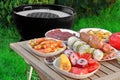 Close-up View On Wood Picnic Table With Different Cookout Food Royalty Free Stock Photo