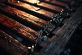 a close up view of a wooden bench with water droplets on it Royalty Free Stock Photo