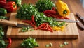 Vibrant Red and Yellow Peppers with Cilantro on Wooden Cutting Board