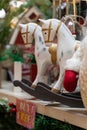 Close-up view of the wooden rocking horses decoration selling at the Christmas market Royalty Free Stock Photo