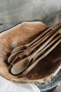 Close up view at wooden spoons in bowl Royalty Free Stock Photo