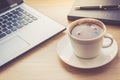 Close up view on work desk interior with laptop computer and morning coffee cup. Toned photo of work desk with computer and coffee Royalty Free Stock Photo