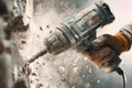 Close-up view of a worker using a jackhammer to break a wall surrounded by flying concrete dust during construction Royalty Free Stock Photo