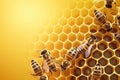 Close up view of the working bees on honeycells. Bee honey production. Generative AI Royalty Free Stock Photo