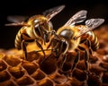 Close up view of the working bees on honeycells. Macro photography.