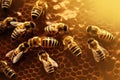 Close up view of the working bees on honeycells - selective focus. Generative AI