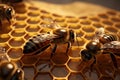 Close up view of the working bees on the honeycomb with sweet honey. Beekeeping concept. Generative AI