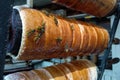 Close up view of the working bees on the honeycomb with sweet honey. Honey is beekeeping healthy produce Royalty Free Stock Photo