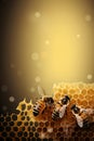 Close up view of the working bees on the honeycomb with sweet honey with copy space. Beekeeping concept. Generative AI