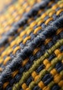 Close-up view of a woven textile featuring a dynamic pattern of intertwined threads. Royalty Free Stock Photo