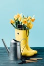 close up view of yellow bouquet of flowers and empty blackboard in rubber boots with watering can and gardening tools on wooden Royalty Free Stock Photo