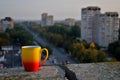 Close-up view of a yellow-red mug with hot black coffee on a blurred background of the city skyline in the morning sun Royalty Free Stock Photo