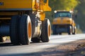 Close-up view: Yellow road roller works on black asphalt for country road construction. Royalty Free Stock Photo