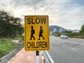 Close up view of a yellow road sign with Royalty Free Stock Photo