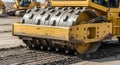 Close Up View of a Yellow Vibratory Roller Compacting Gravel Ground at a Construction Site Under Bright Daylight Royalty Free Stock Photo