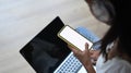 Close up view young female using mock up smart phone and laptop with blank screen while sitting on floor. Royalty Free Stock Photo