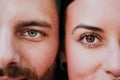 Close up view of young happy couple together. Eyes close up. Love and family concept Royalty Free Stock Photo