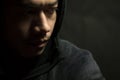 Young man of Asian wear black sweater with hood